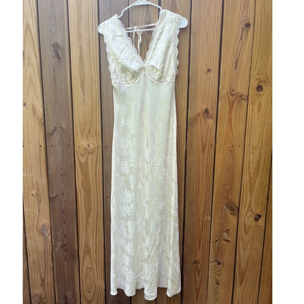 Ivory Satin Slip Dress Womens M Lace Trim Midi Minimalist Model Off Duty Chic - Picture 3 of 7